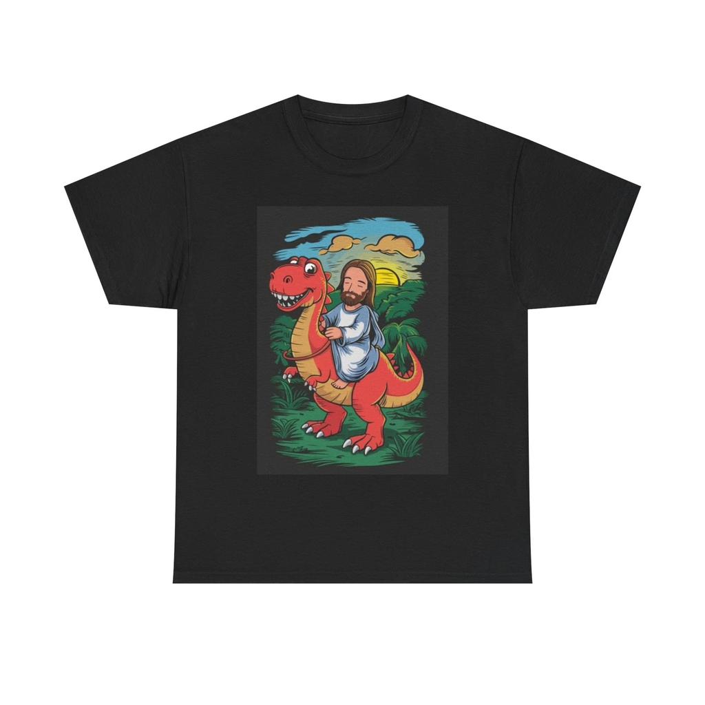 Men's and Women's T-shirts Jesus On A Dinosaur