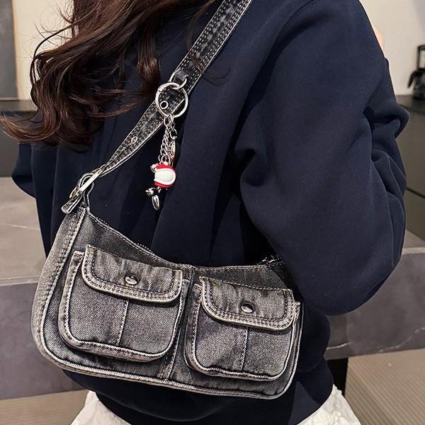 Vintage Denim Shoulder Underarm Bags for Women Portable Spicy Cool Girl Y2K Handbag Double-pocket Design Ladies Armpit Bag Purse