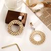 Women Men Retro Style Round Weave Wooden Earrings Beige Eardrop