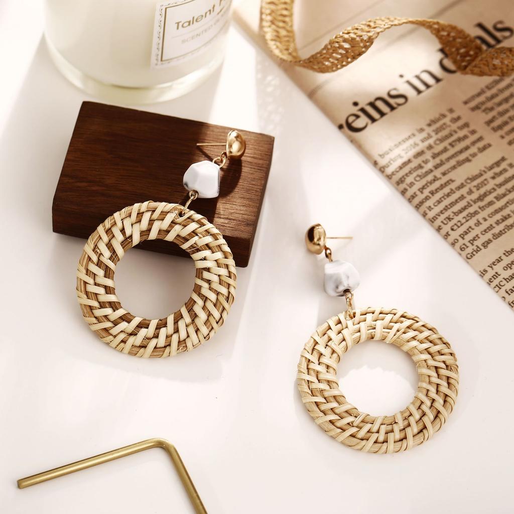 Women Men Retro Style Round Weave Wooden Earrings Beige Eardrop
