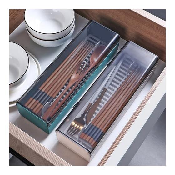 Cutlery Case with Lid, Chopsticks, Spoon, Fork Holder, Large Capacity, Dustproof, Draining, Kitchen Countertop Organizer, Green