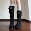 New Women Western Cowboy Boots Fashion Platform Footwears Thick Heel Slip On Folded Pile Long Booties Female Street Shoes