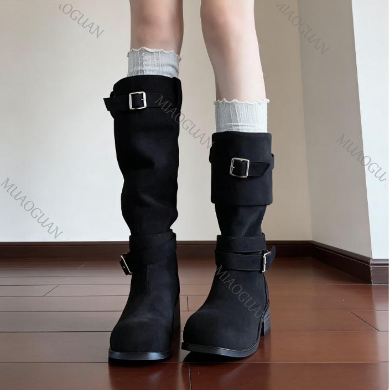 New Women Western Cowboy Boots Fashion Platform Footwears Thick Heel Slip On Folded Pile Long Booties Female Street Shoes