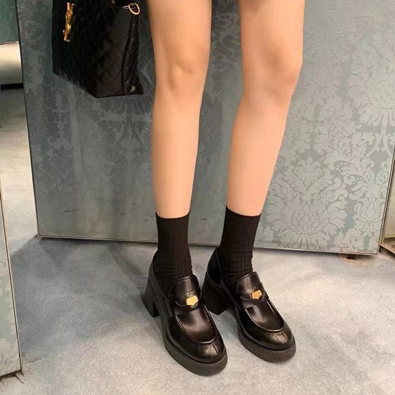 Spot second hair! Retro round head small gold coin heightened thick heel thick sole British style loafers small leather shoes women's single shoes