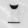 Women's Spring/Summer Color Block Yoga Vest: White, Fake Two-Piece, Short Sleeve, Loose Slim Fit