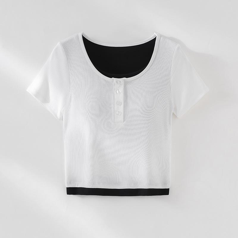 Women's Spring/Summer Color Block Yoga Vest: White, Fake Two-Piece, Short Sleeve, Loose Slim Fit