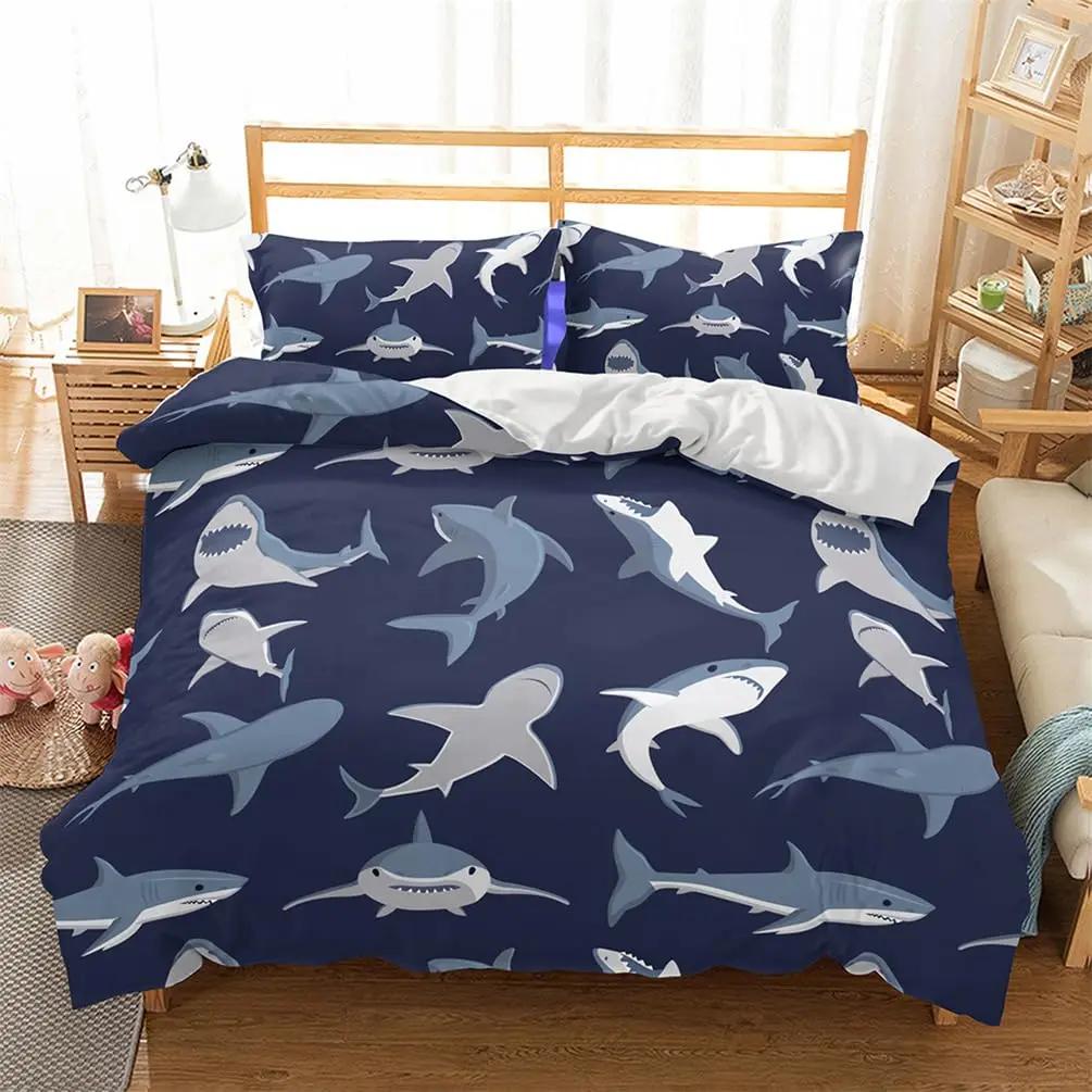 Shark Fish Print Soft Duvet Cover Set Lovely Underwater Animals Premium Soft Beding Set Children Tens Adult Peoples Blue Warm Comforter Cover Sets