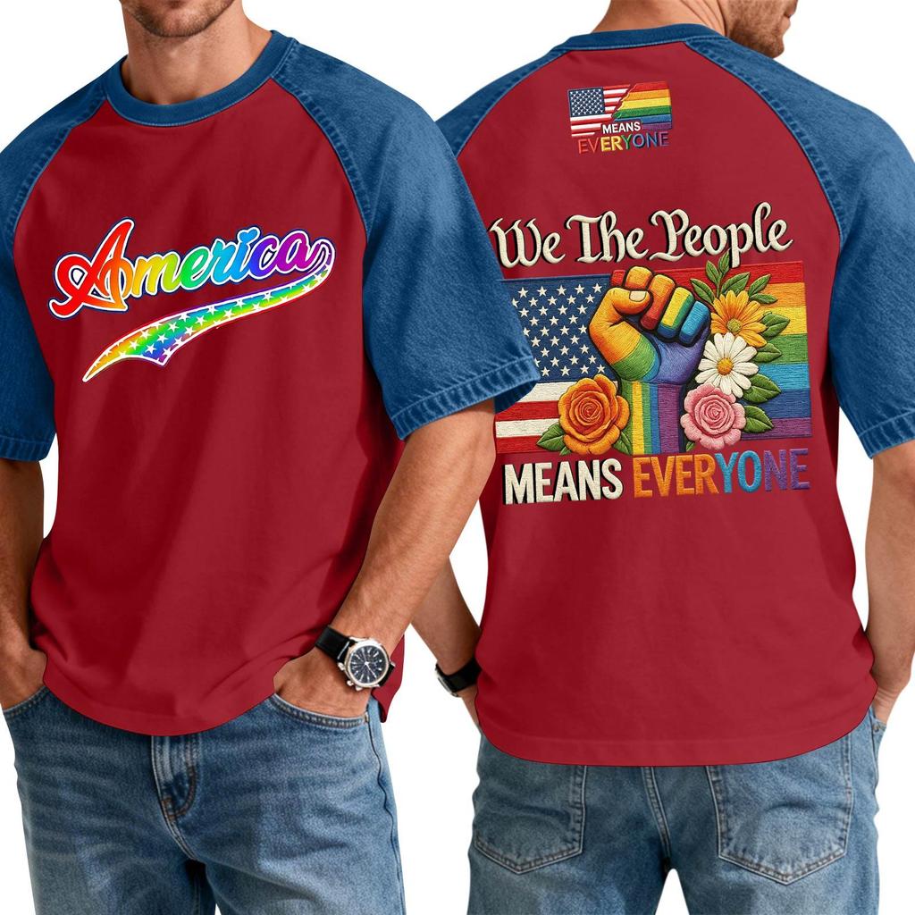 Men's Casual Short Sleeve T-Shirt Denim Patchwork Comfortable Fit Crew Neck Top with Printed Graphic Design Suitable for Everyday Wear