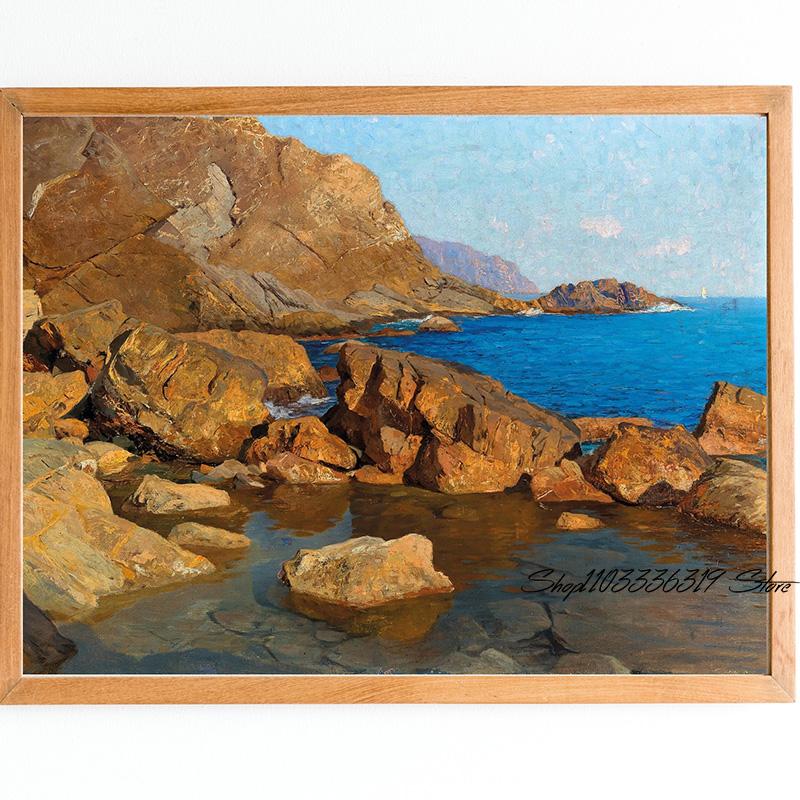 Vintage Ocean Calm Sea Boat Seascape Classic Sunrise Seascape Art Poster Canvas Painting Wall Print Picture for Room Home Decor