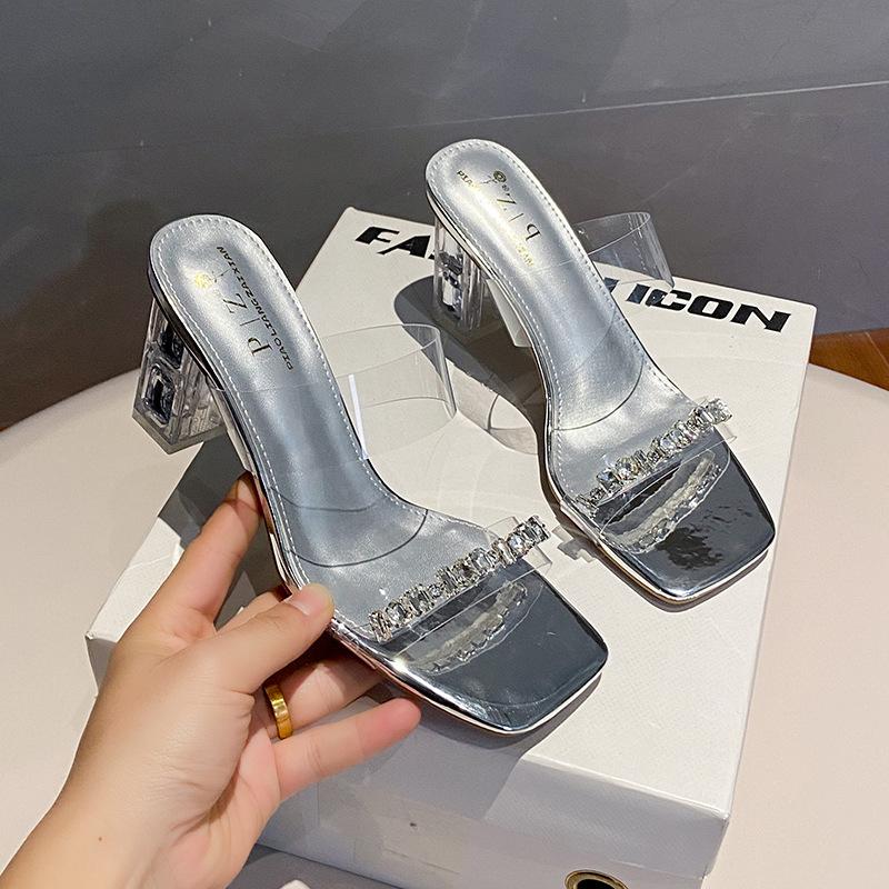 High Heel Shoes for Women Summer 2025 New Style Rhinestone Heels Sandals Fashion Outdoor Sexy Crystal Chunky Heels Slippers
