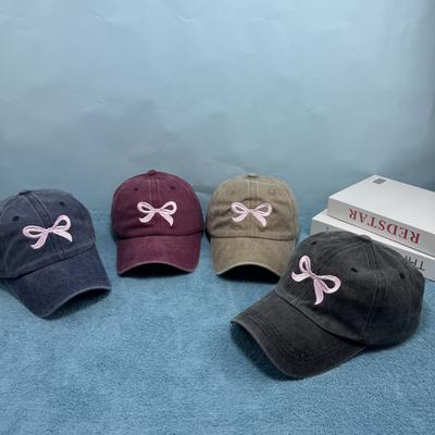 Embroidered Sweet Bow Baseball Hat Women's Pink Korean Washed Cotton Hat Top Summer Outdoor Elastic Back Ponytail Sun Hat