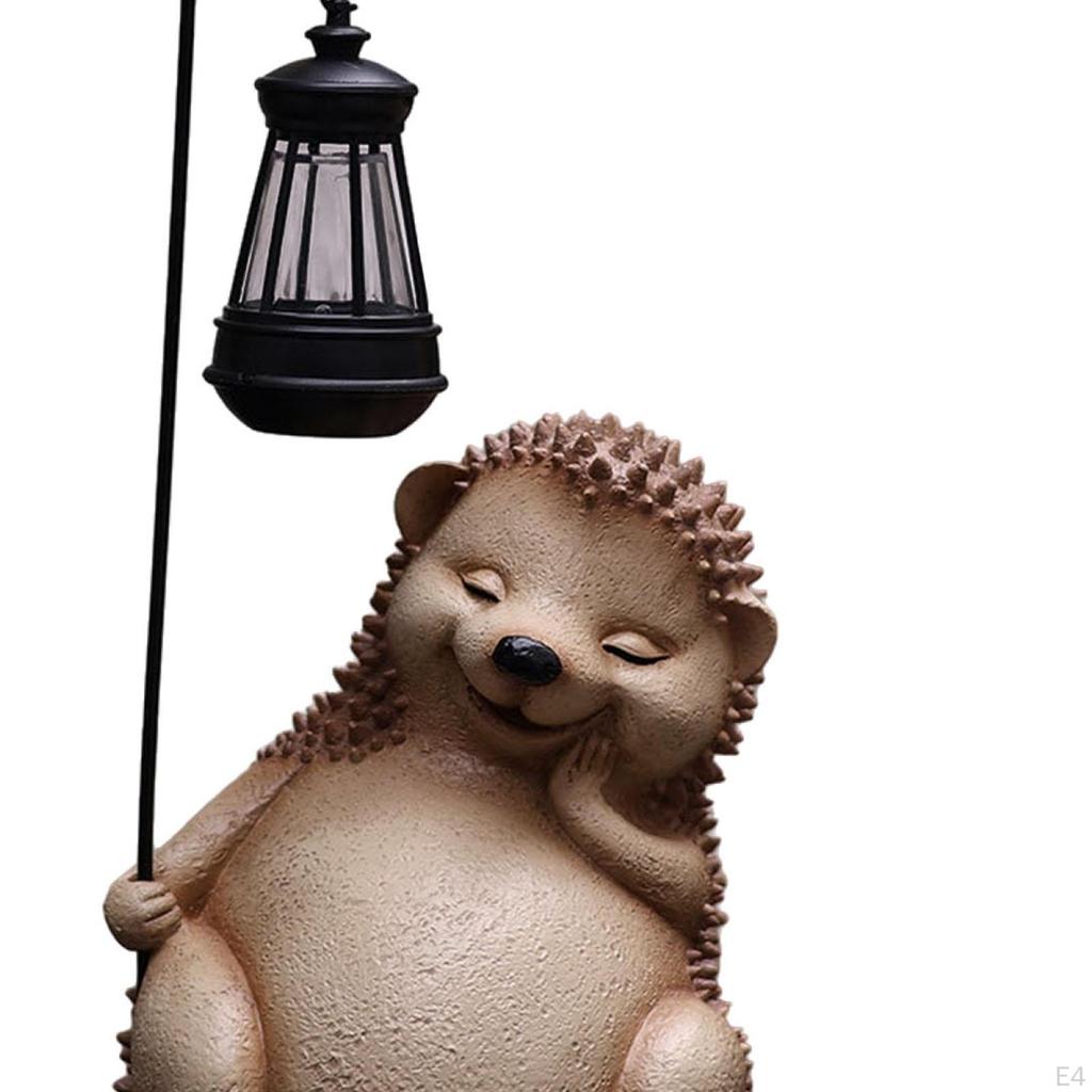 Garden Statue with Solar Light Hedgehog Figurine Lantern Lamp Night Patio Resin Animal
