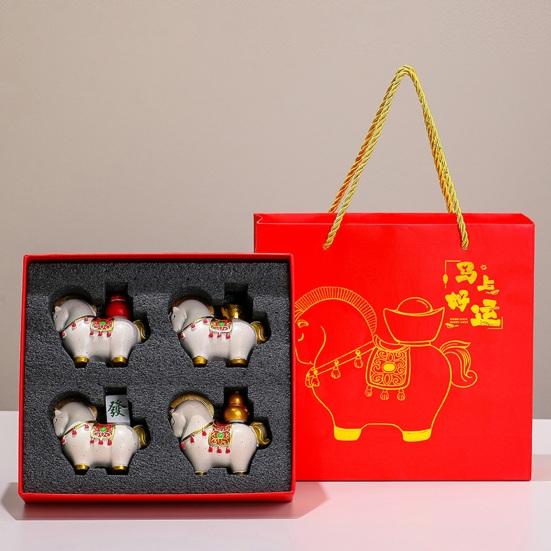 1/4Pcs Cartoon Horse Figurine with Gift Bag Box Bring Good Luck Fortune Chinese Style Pony Statue Home Office Desktop Feng Shui Decoration Ornament