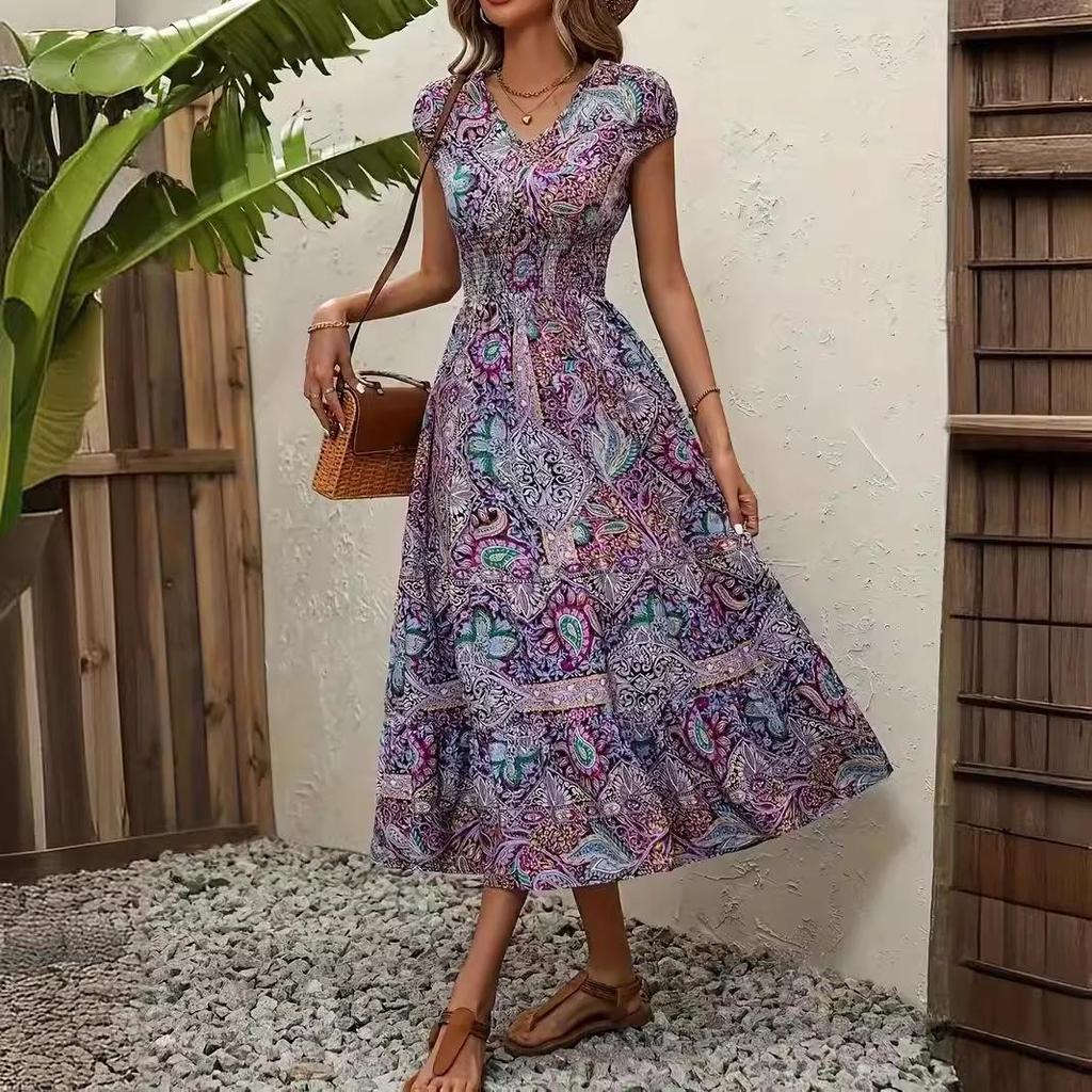 French Bohemian Holiday Print Midi Dress