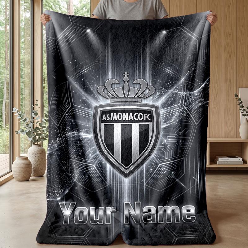 Monaco FC Custom Name Text Flannel Blanket Soccer Logo Personalized Fleece Throw Blanket Special Gift For Sofa Bedroom Home