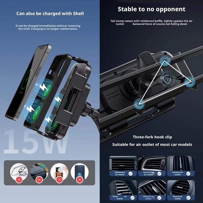 Stable Three Prong Hook Car Phone Holders Electric Rotation 15W Wireless Charging Metal Frame Designs for Road Trips