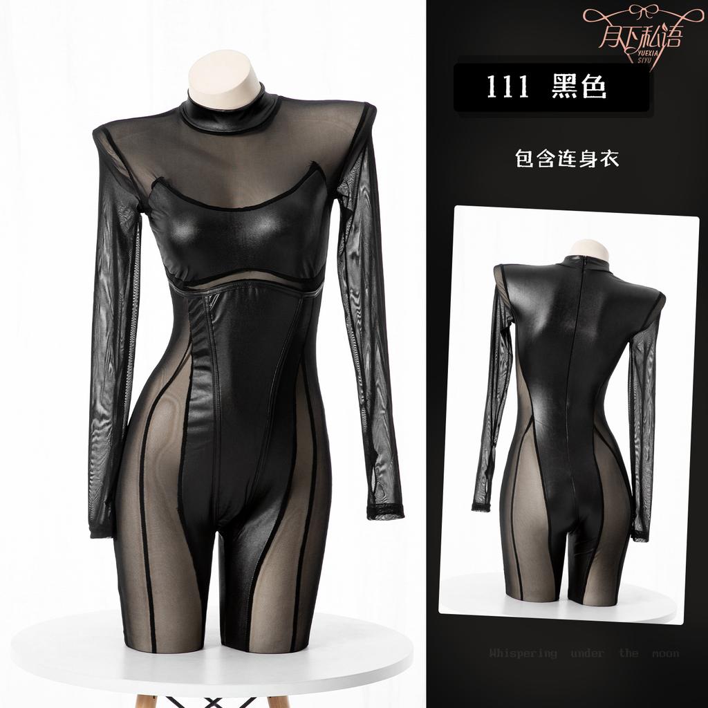 European and American Cosplay Party Women's Clothing Nightclub Models, Splicing Mesh See-through Long-sleeved Sexy Tight Black Onesie