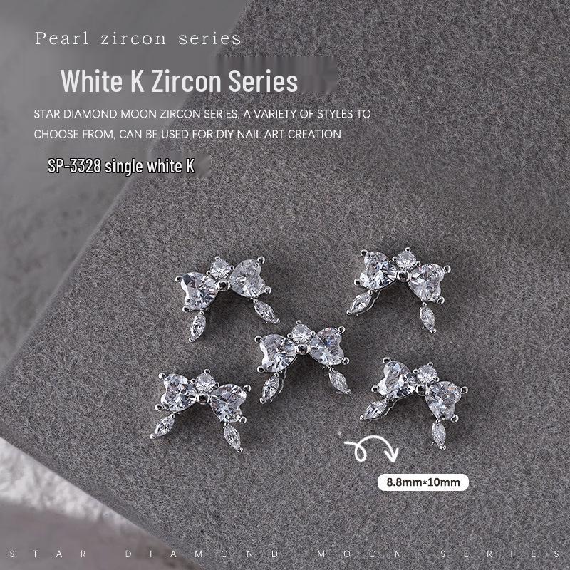 French Crescent Bow Full Diamond Heart V-shaped Zircon 3D Nail Art Decoration with Flat Bottom