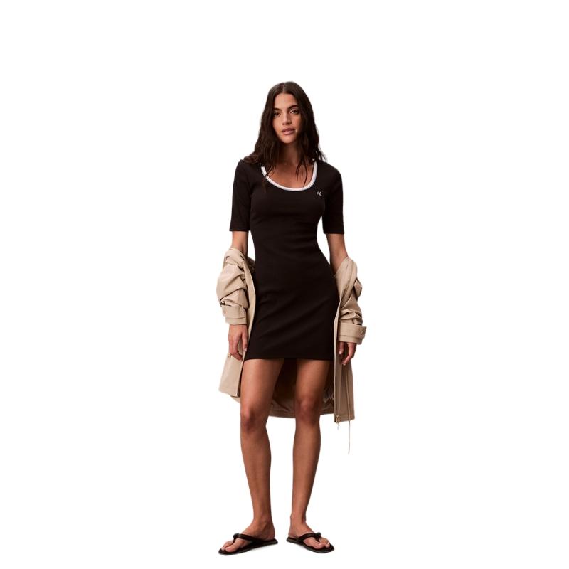 

Calvin Klein Color Block U Neck Sexy Waist Showing Slim Short Sleeve Dress Women dresses 47F224G M