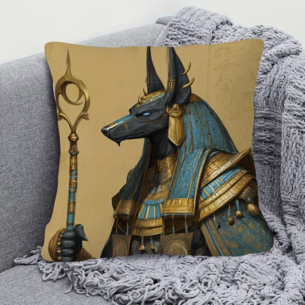 1Pc Short Plush Decorative Pillowcase, Anubis Egyptian God Print Single-Sided, 18"X18", For Sofa, Living Room, Bedroom & Office