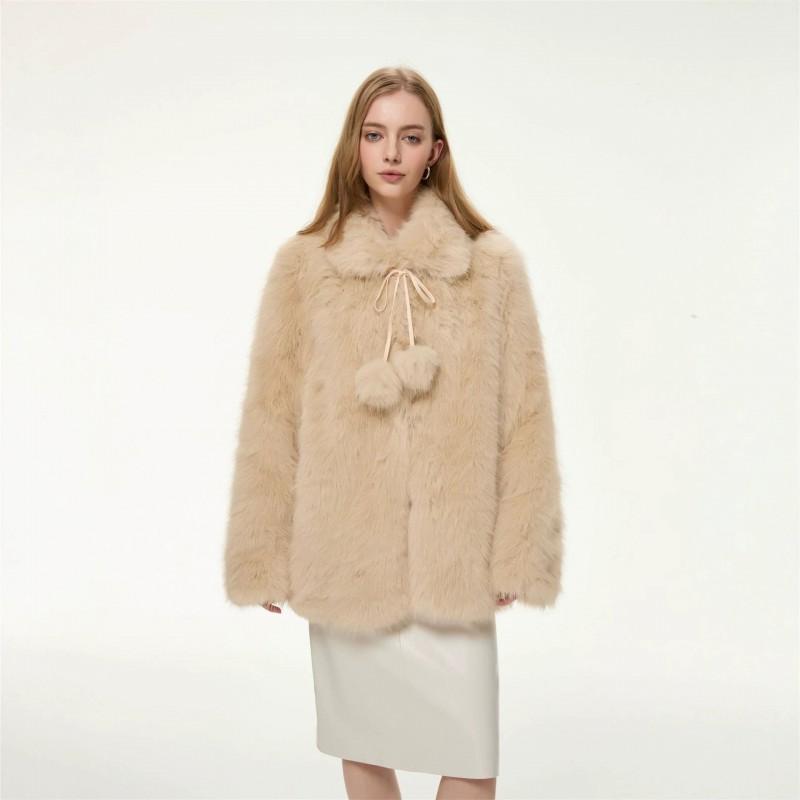 Elegant Vintage Cream Fluffy Fur Coat Women Cute Mid-Length Fall Winter Outerwear