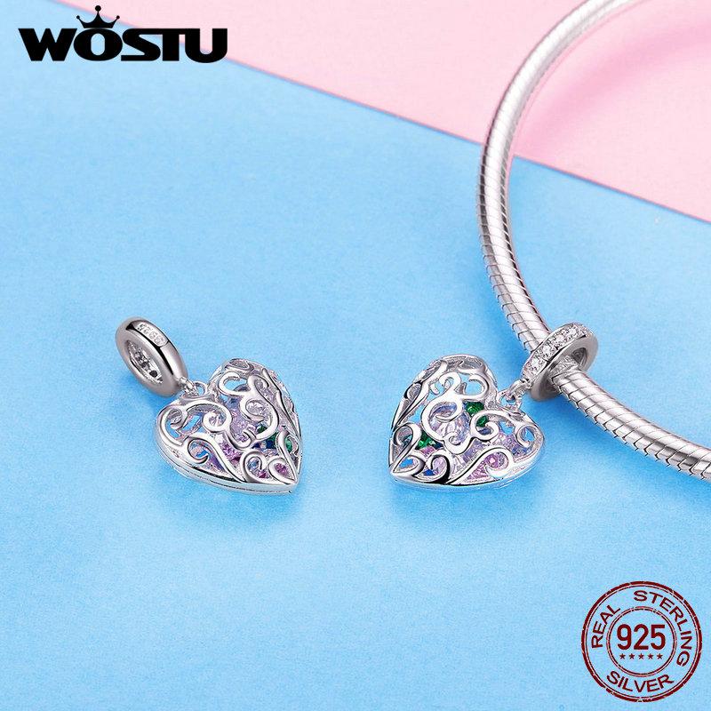 WOSTU 925 Sterling Silver Love Heart Lucky Charm CZ Bead Fit Original Bracelet Bangle Pendant Charms For Jewelry Making CQC1126