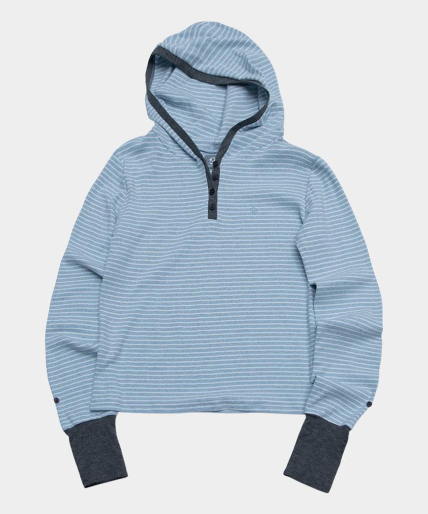SOME PLACE Striped Color Block Button Basic Long Sleeve Hoodie [Blue]