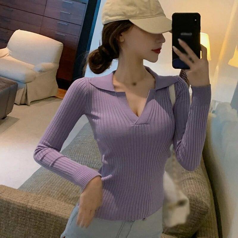 

Женские однотонные обтягивающие повседневные трикотажные футболки с длинными рукавами и лацканами, топы One Size