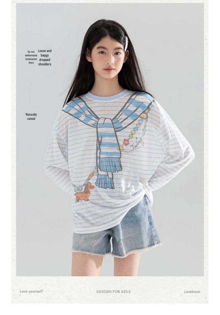 Girls' Fun Print Striped Lyocell Cardigan - Lightweight, Ice-Fresh, Loose Fit, Long Sleeve