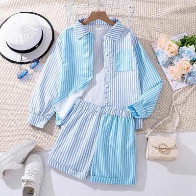 Girls' Color Block Striped Two-Piece Suit - Long Sleeve Top and Shorts for Spring