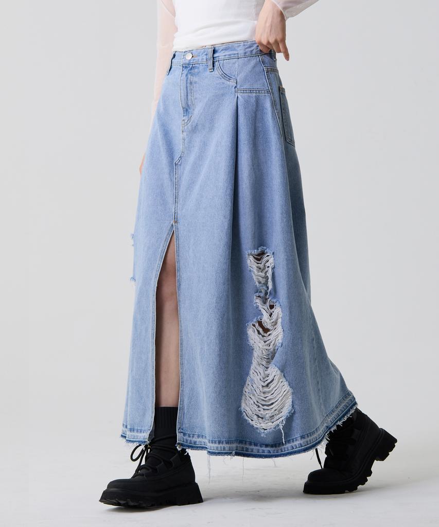Unknown Planet Front Deep Slit Damaged Denim Long Skirt Light Blue