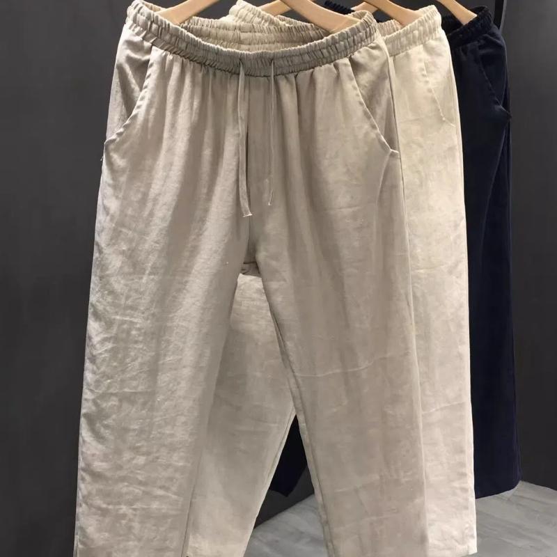 

Весна Осень Новая Мода Хлопок Конопля Однотонный Эластичный Мужская Одежда Талия Повседневный Карман Кулиска Простота Прямые Брюки 3XL льняной