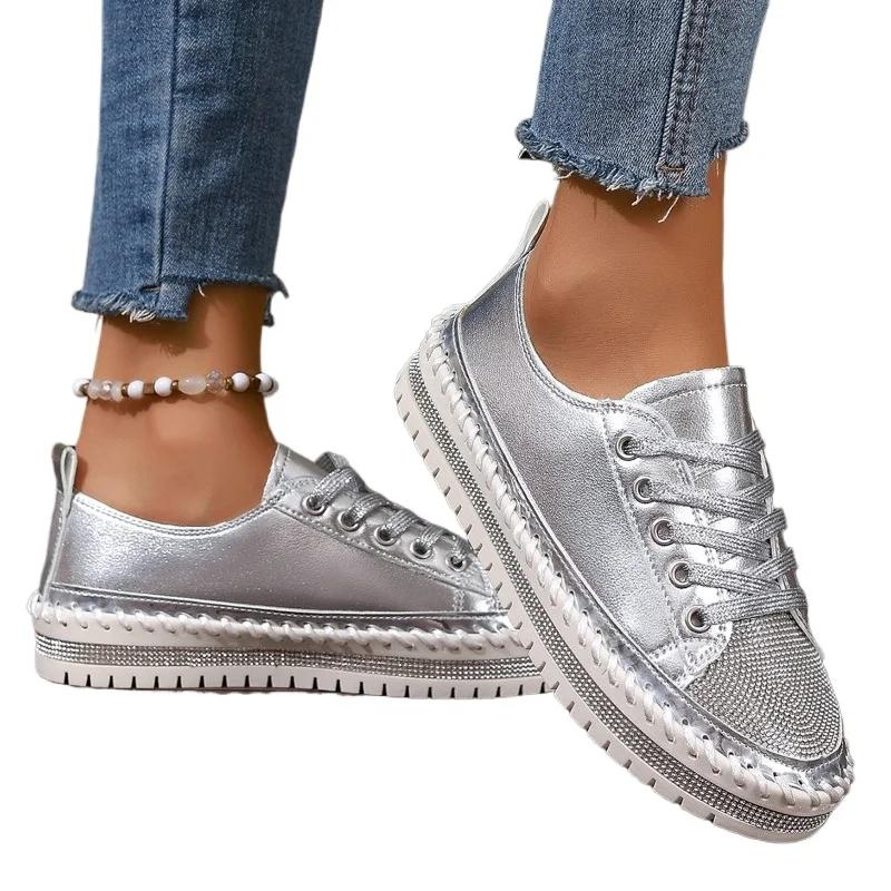 2026 Plus Size Shoes Female Lace Up Women's Vulcanize Shoes Platform Women Sneakers Crystal Round Toe Flat Ladies Casual Shoes