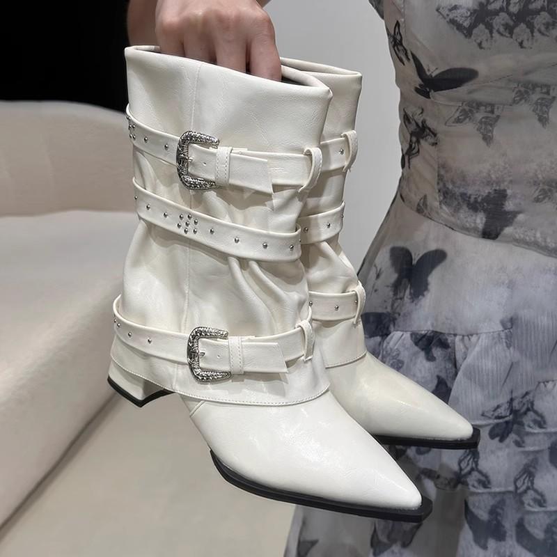 Studded Block Heel Single Boots Autumn New Pointed Toe Metal Buckle Anti-slip Wear-resistant Mid-tube Boots