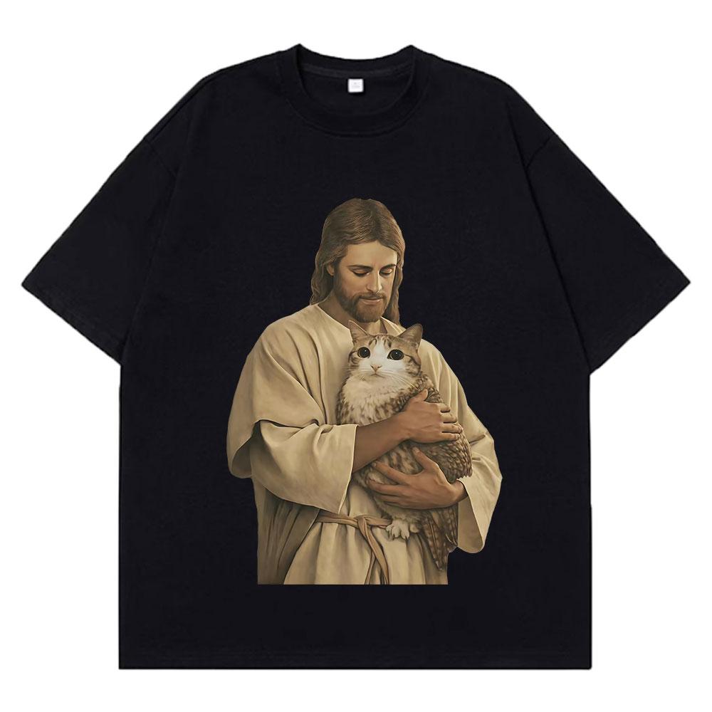 

Funny Jesus Holding Meowl Funny Cat Meme Tees Unisex Women Vintage TShirt Shortsleeved Loose Cotton Harajuku Tshirts Streetwear 2XL