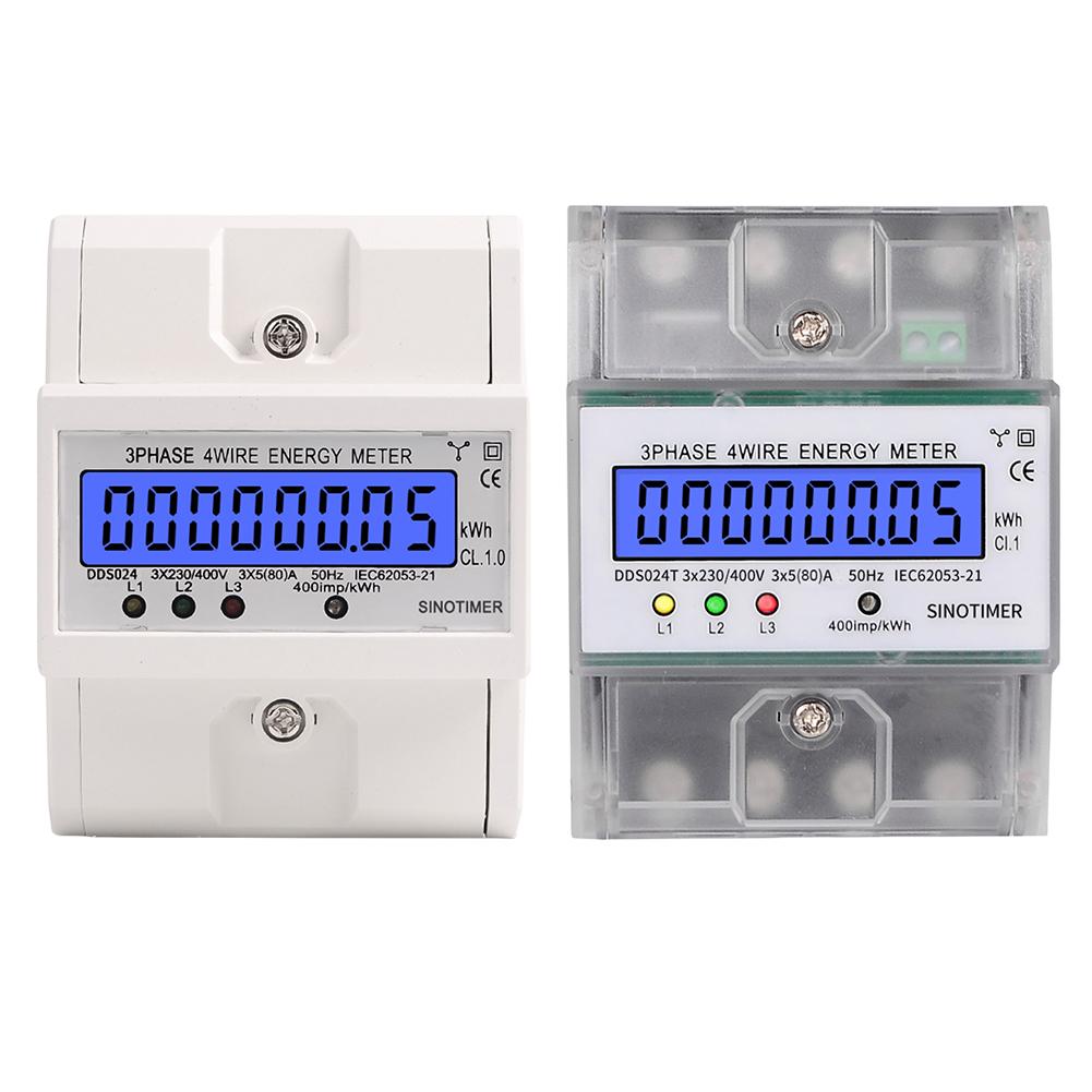 Energy Meter Three-Phase 4-Wire Electric Energy Meter LCD Digital Electricity Consumption Monitor DIN Rail 5-80A 400V for Indoor