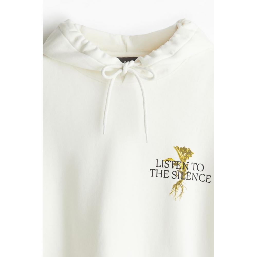 H M Loose Fit Print Hoodie wHite Silence