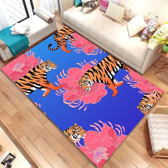 

Minimalist Tiger Area Rug White Background Illustrated Palm Leaf Pattern Non Slip Living Room Rug for Boho Home Decoration 40x60cm