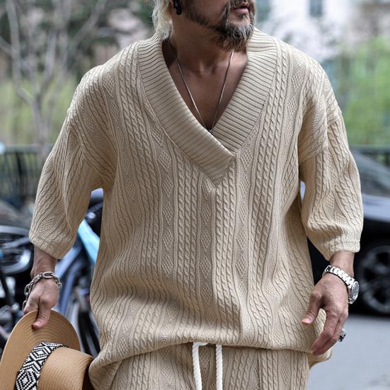 Men T-shirt V-Neck Short Sleeve Twist Jacquard Texture Tee Shirt Solid Color Loose Fit Summer Knitting Tops