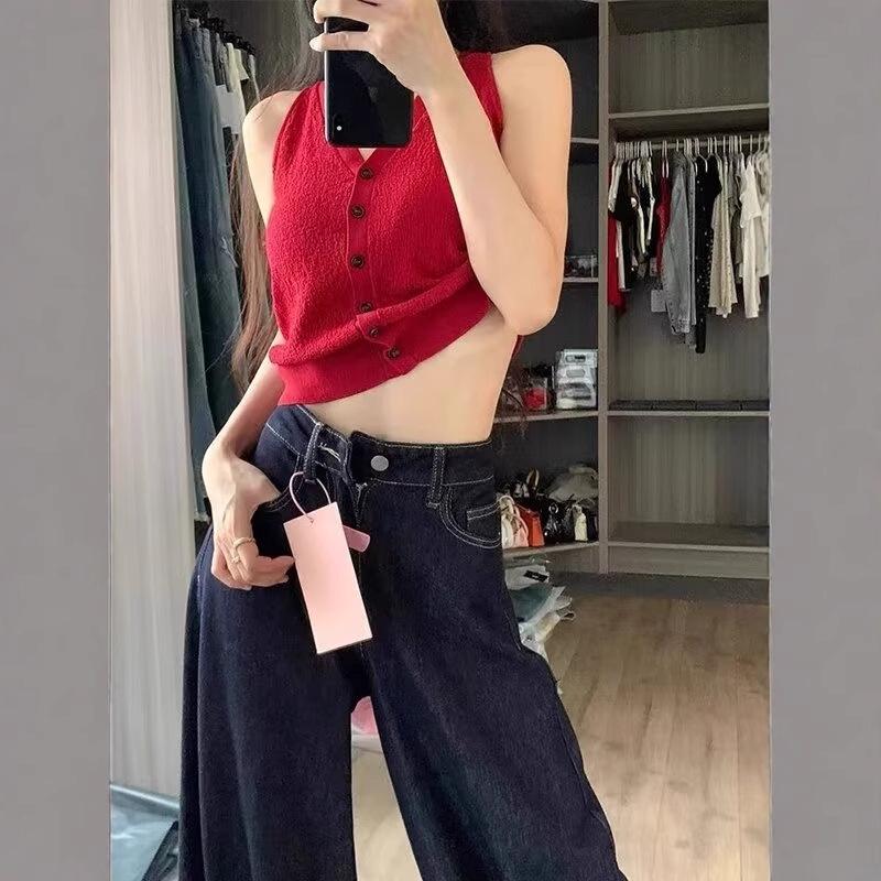 Women's Dark Blue Retro Wide-Leg High Waist Jeans - Autumn Loose Fit, Slimming Straight Pants