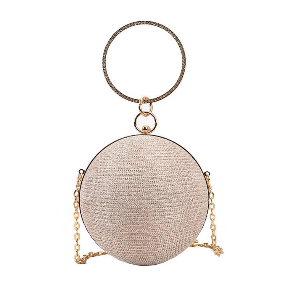 Gold Bright Silk Circular Evening Bag Women Banquet Clutch Rhinestone Decor Chain Shoulder Bags Luxury Female Party Handbags