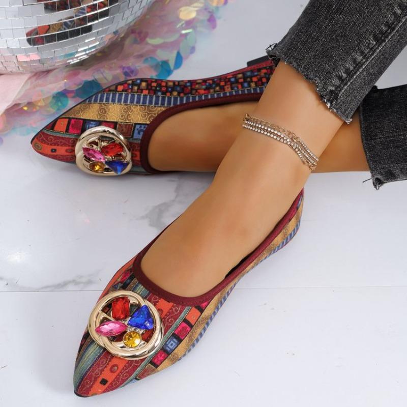 Damen Mittelgröße Metallschnalle Niedriger Absatz Graffiti Spitzschuh Tiefe Ausschnitte Ballerinas Retro Römischer Stil Neue Herbstschuhe