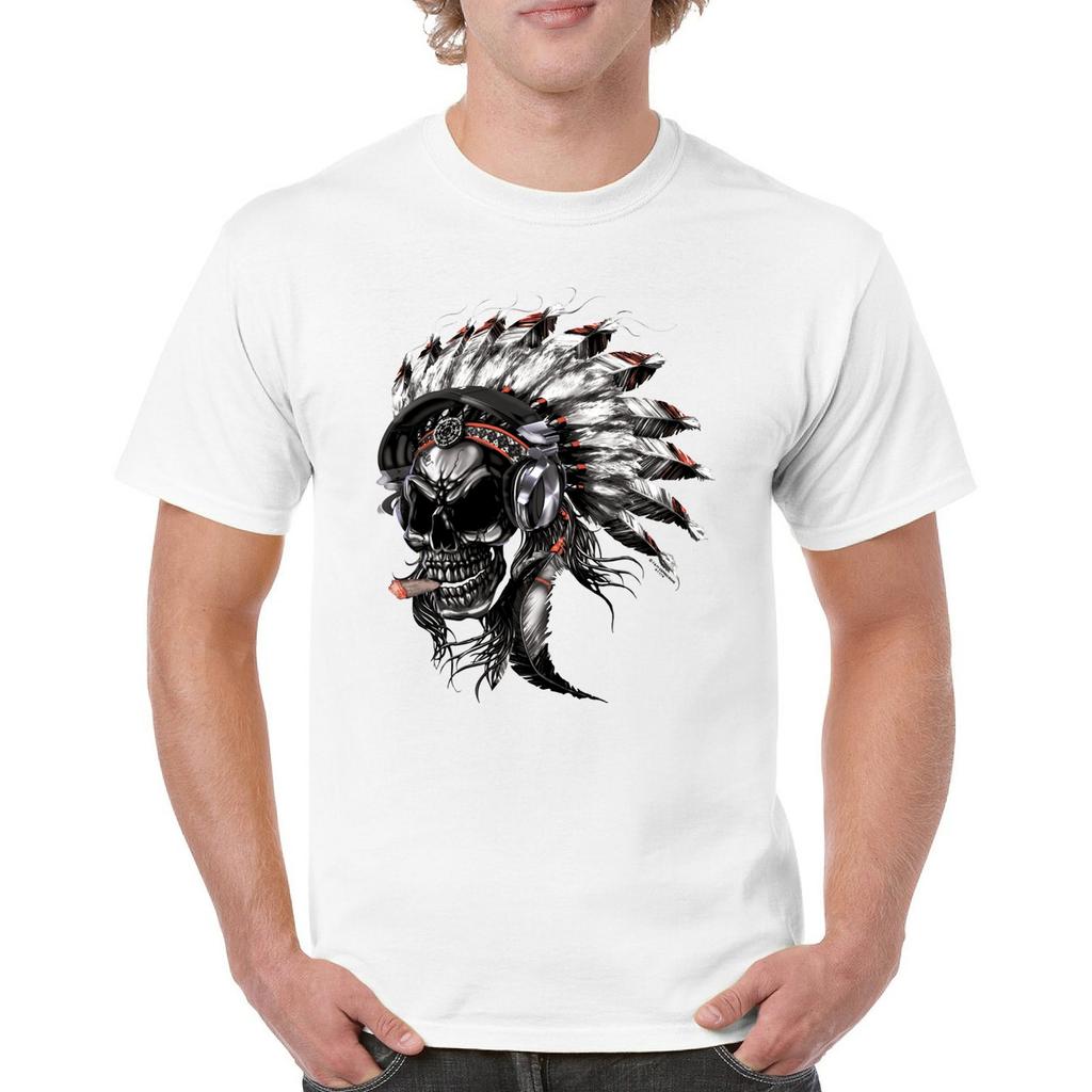 Skull With Indian Headress T-Shirt Headphones Cigar Cotton Tee
