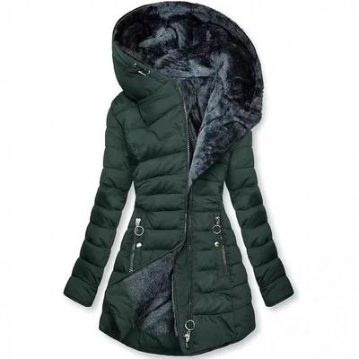 Women's Slim Fit Winter Hooded Jacket with Fur Collar - Long Sleeve, Cotton-Padded