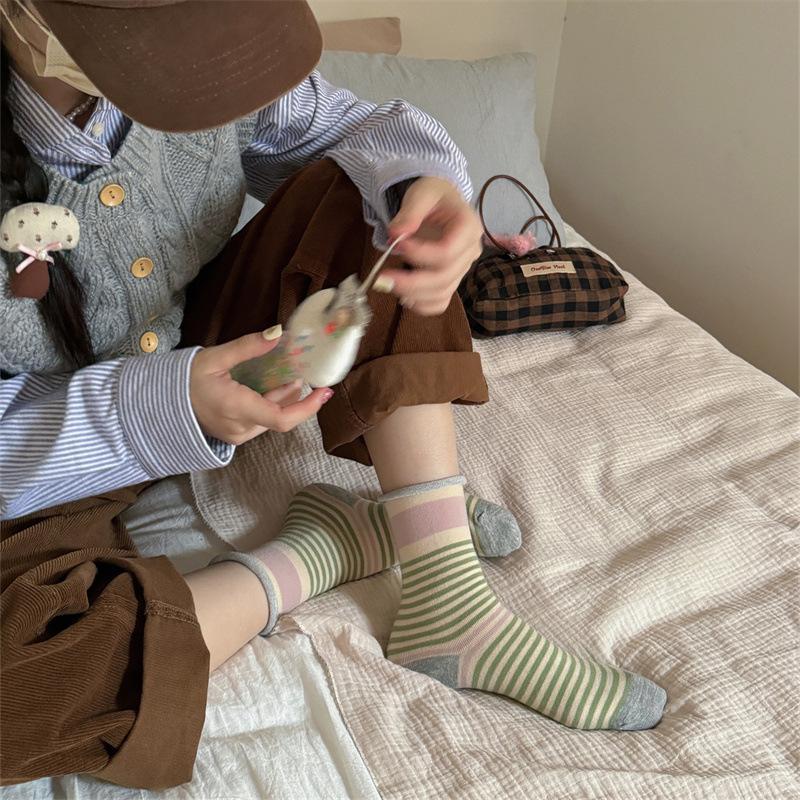 Boneless Rolled-up Socks, Women's Color-blocking Striped Mid-calf Socks, Spring and Autumn Casual and Versatile Long Calf Pile Socks