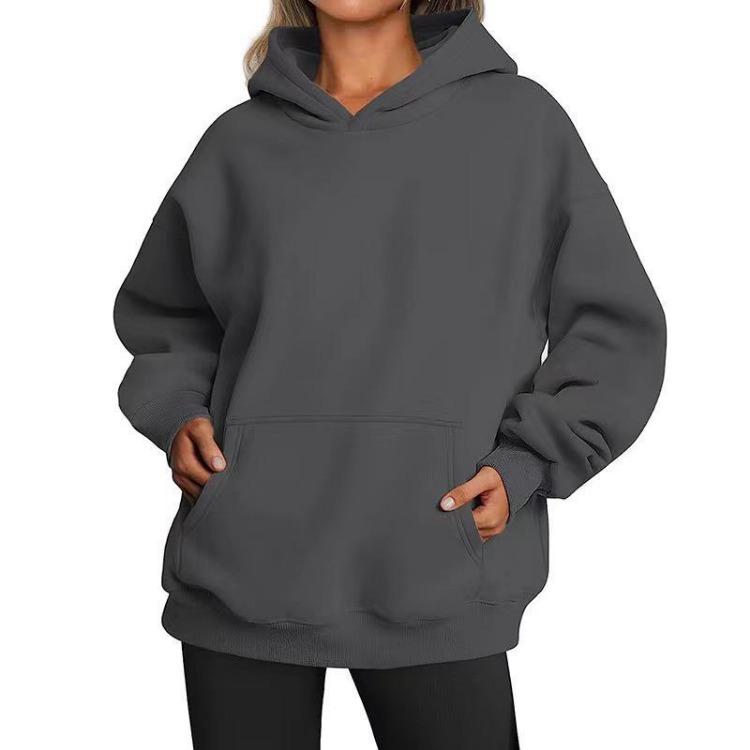 Women’s Hip Hop Street Style Fleece Hooded Sweatshirt Loose Fit Long Sleeve Warm Winter Autumn Solid Color with Pockets