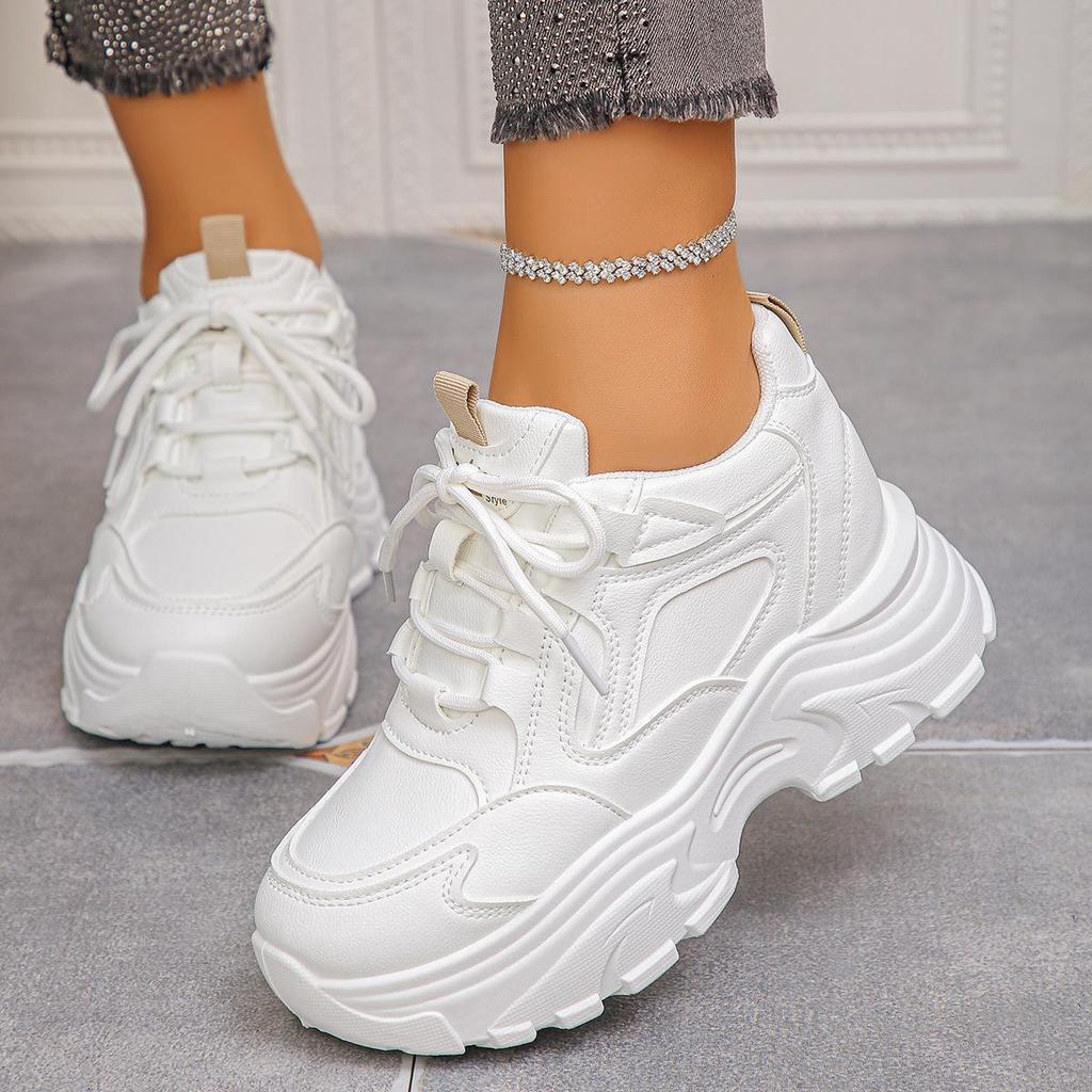 Women's Chunky Sneakers White Black Leather Platform Sneakers for Women Height Increasing Shoes Thick Sole Casual Shoes Woman