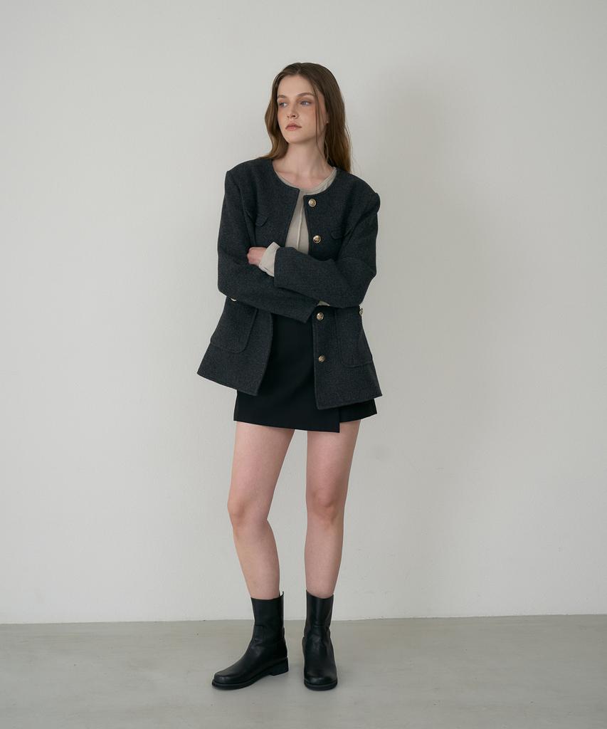 DEHEVE Classic Wool Collarless Jacket [Charcoal]