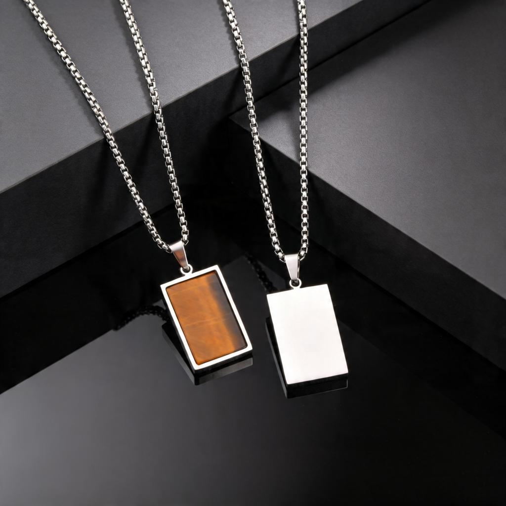 Men's Geometric Natural Stone Pendant Necklace, Vintage Square Tiger Eye Collar Necklace, Fashion Casual Jewelry for Men