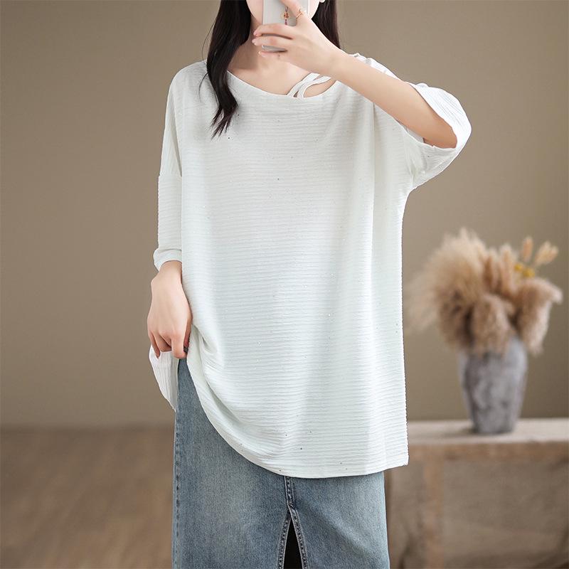 Summer Arrival: Round Neck Hollow Sequin Plus Size Loose T-Shirt One Size